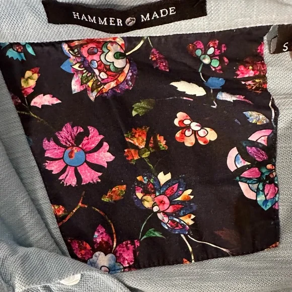 Hammer Made Light Blue Polo Shirt Small Floral Lined Collar - Picture 3 of 6